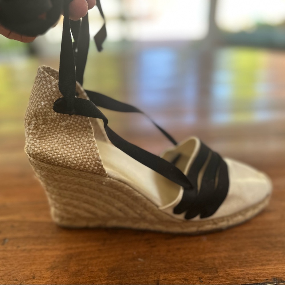 Castaner Black and Cream Espadrille Wedges